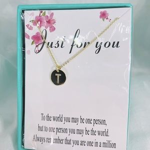 Golden T Initial CZ Minimalist Round Tiny Pendant Necklace Twee Preppy